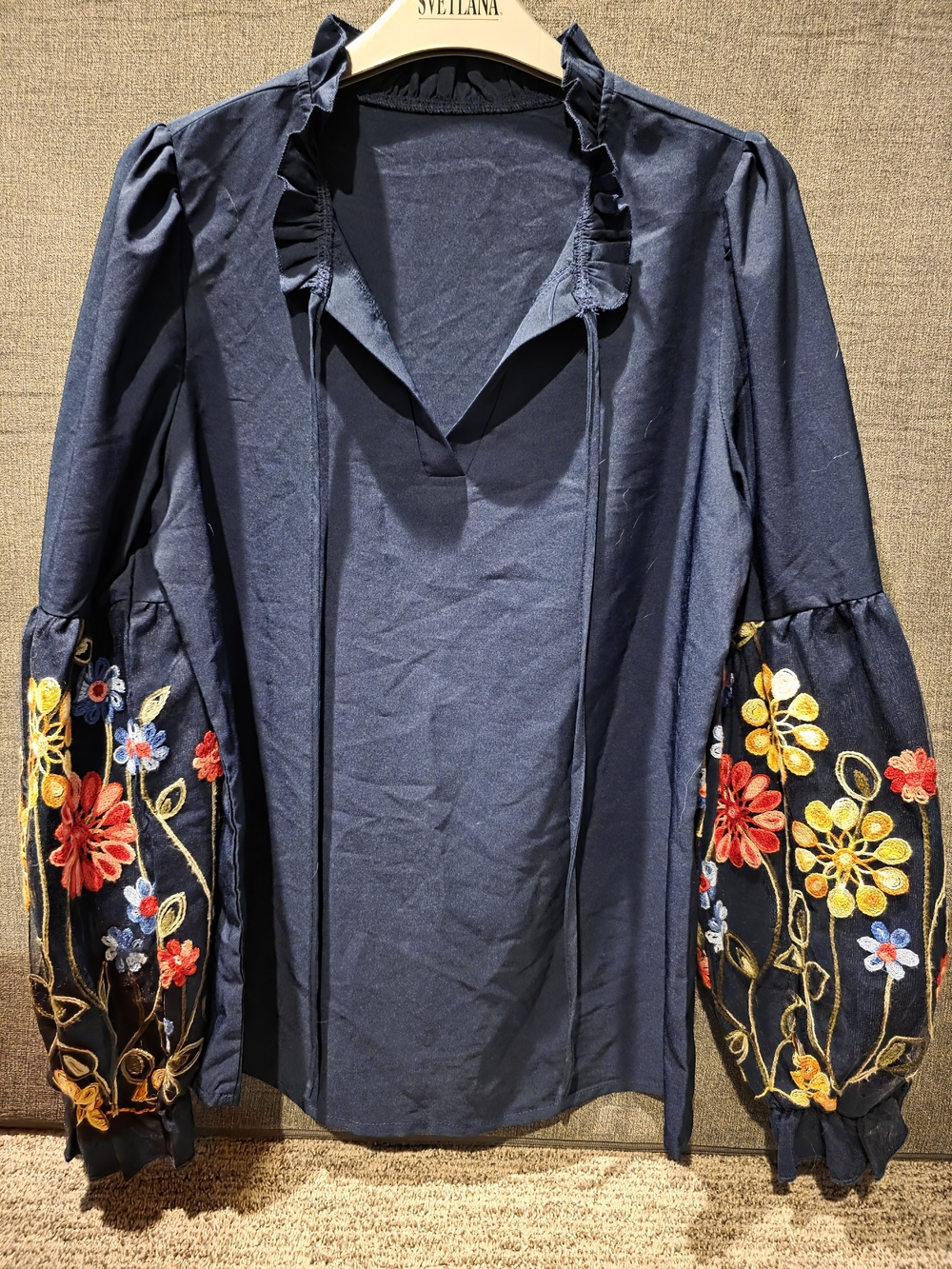 SHEIN Navy Peasant Blouse Multicolor Floral Embroidered Balloon Sleeves Size S